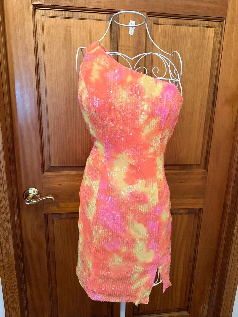 Clarissa cocktail One-Shoulder Neon Tie-Dye Sequin Bodycon Dress - Pink/Orange